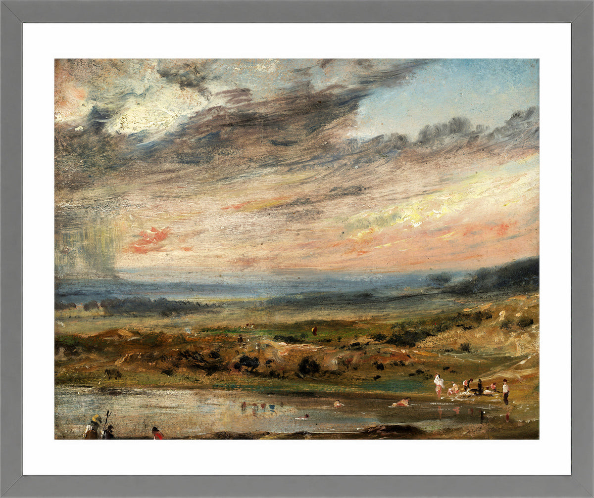 John Constable Print, Hampstead Heath, with Pond and Bathers (1821) in a light grey frame