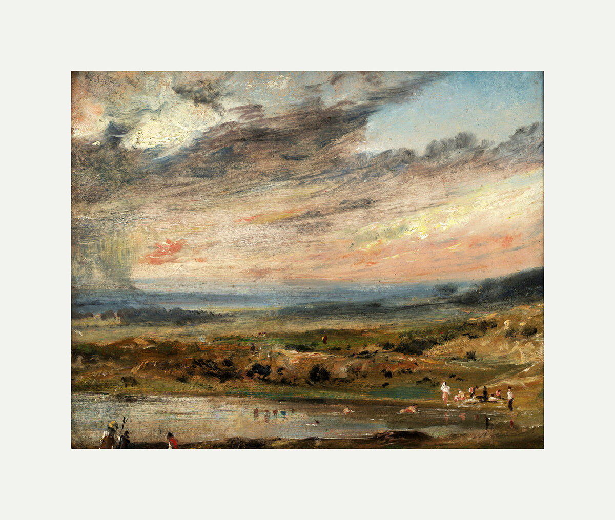 John Constable Print, Hampstead Heath, with Pond and Bathers (1821) with an off-white border for rolled canvas