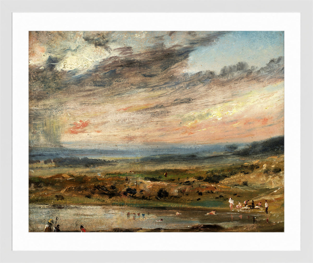 John Constable Print, Hampstead Heath, with Pond and Bathers (1821) in a white frame