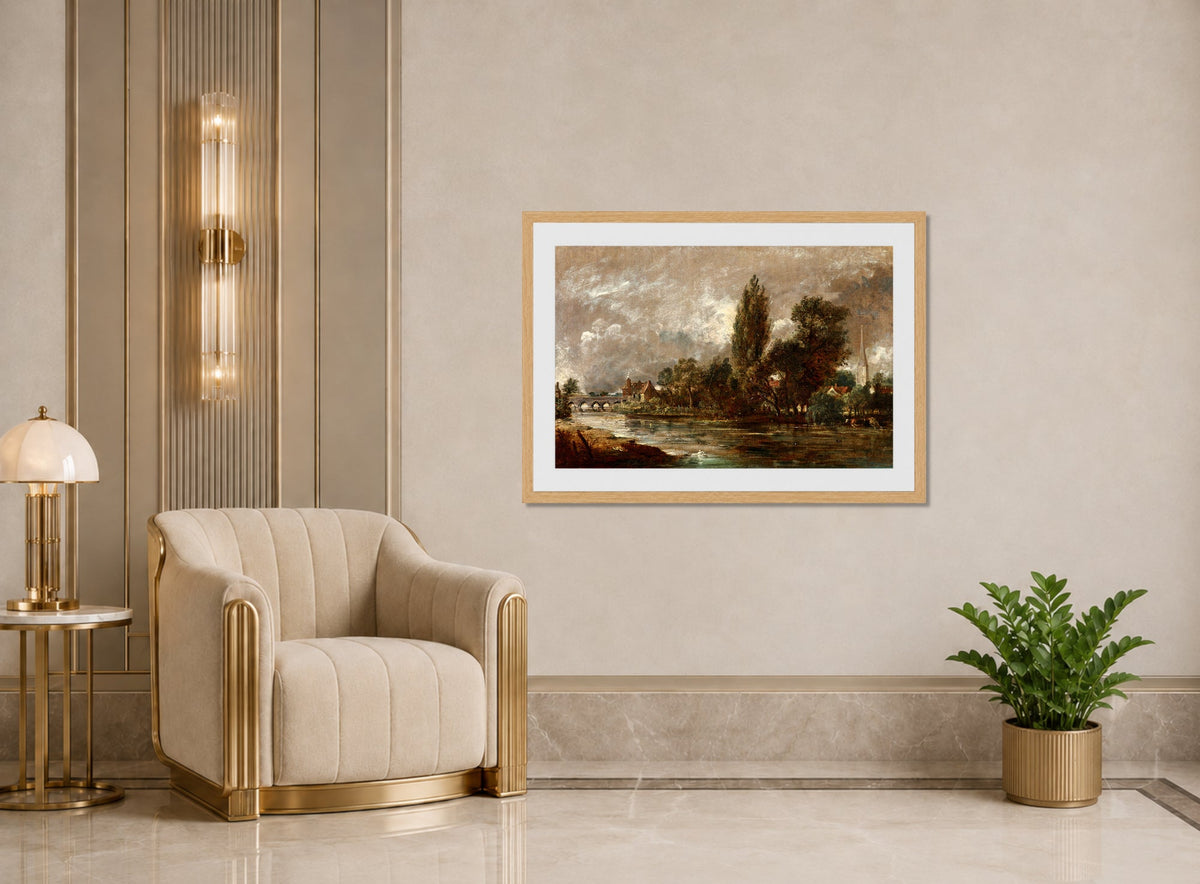 John Constable Print, Harnham Bridge, Salisbury (1821) displayed in an Art Deco interior