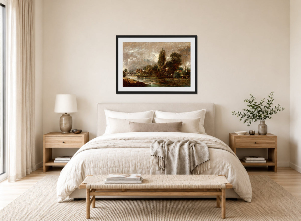 John Constable Print, Harnham Bridge, Salisbury (1821) displayed above a bed