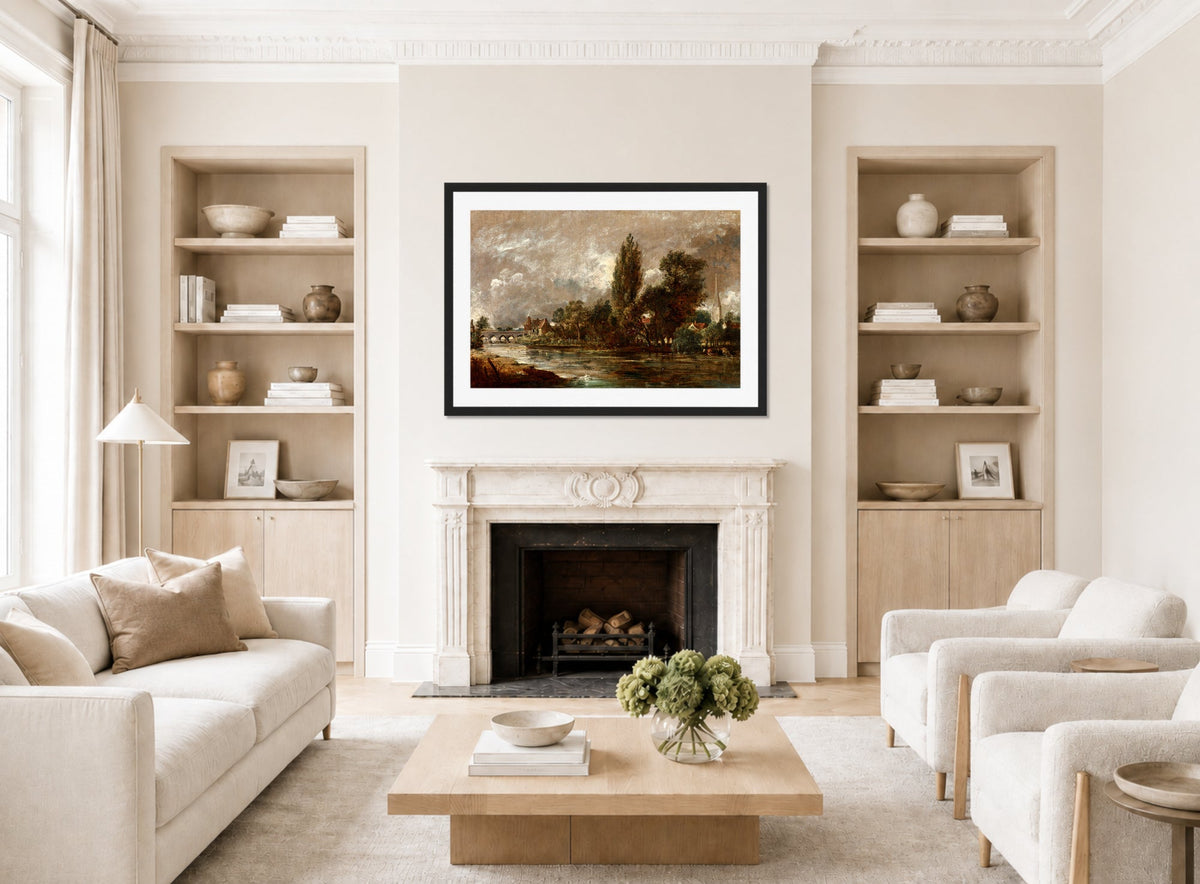 John Constable Print, Harnham Bridge, Salisbury (1821) displayed in a Scandinavian living room