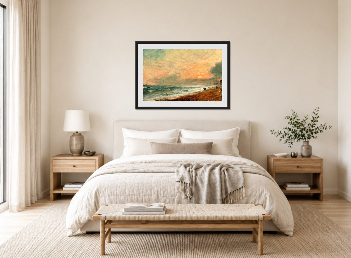 John Constable Print, Hove Beach (1824-1828) displayed above a bed