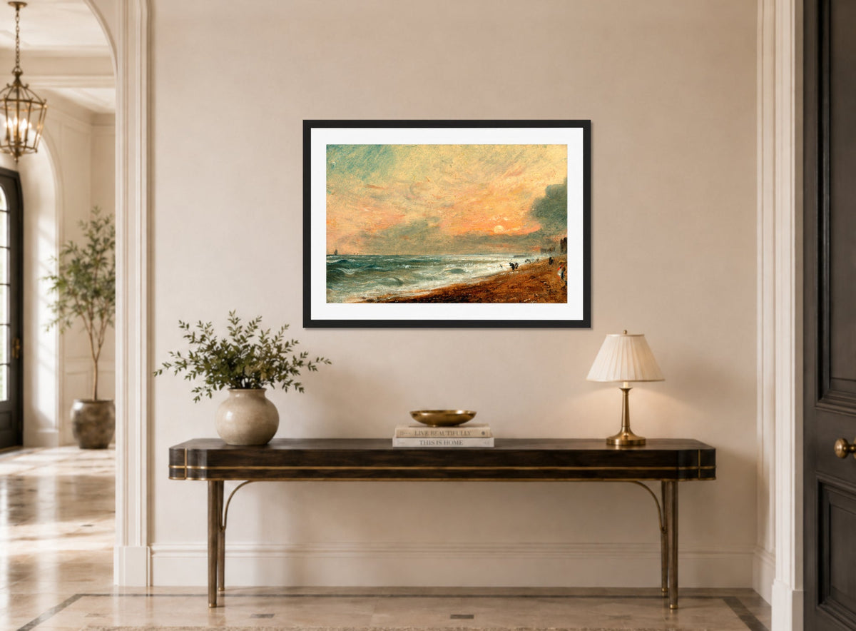 John Constable Print, Hove Beach (1824-1828) displayed above a console table
