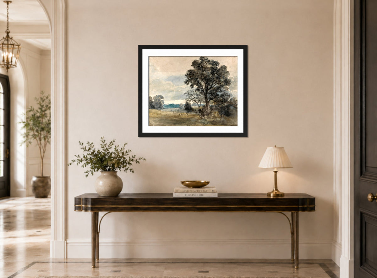 John Constable Print, Landscape at East Bergholt displayed above a console table