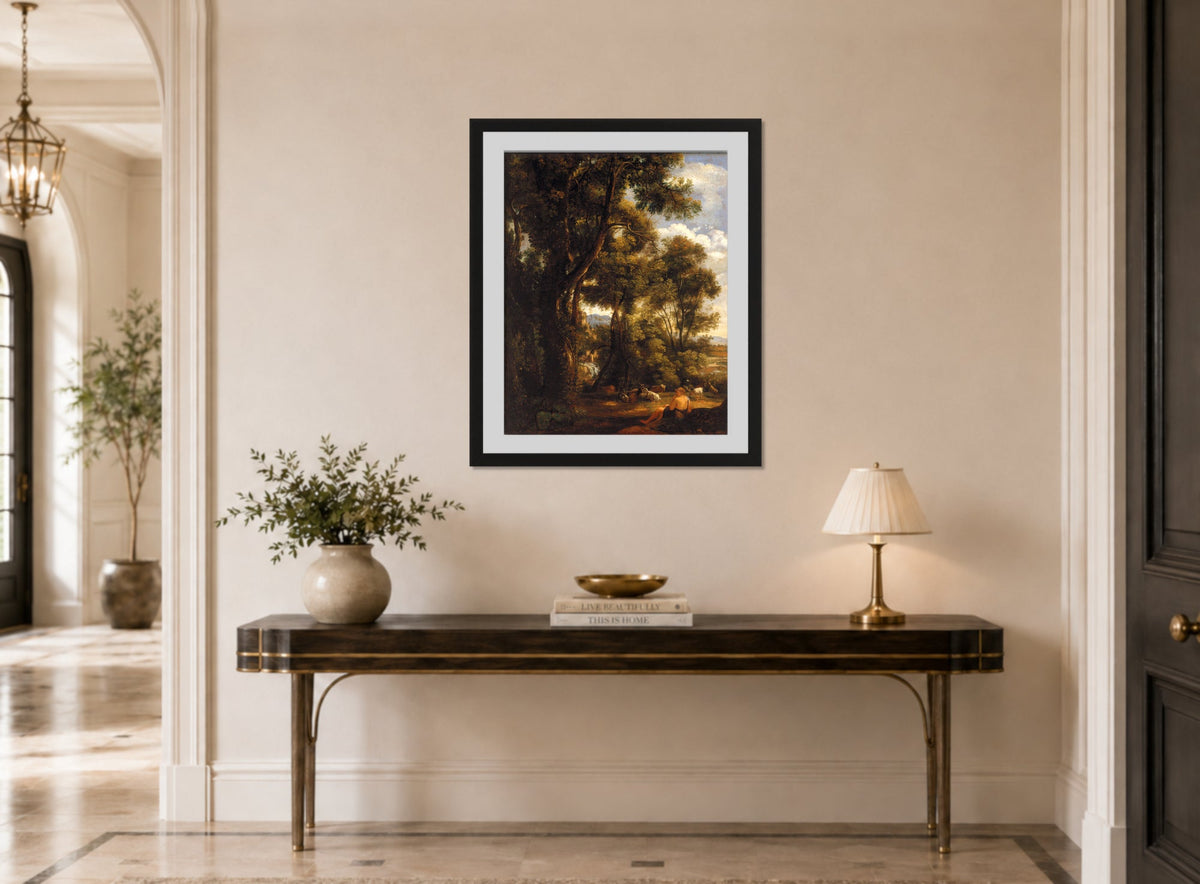 John Constable Print, Landscape with goatherd and goats (1823) displayed above a console table