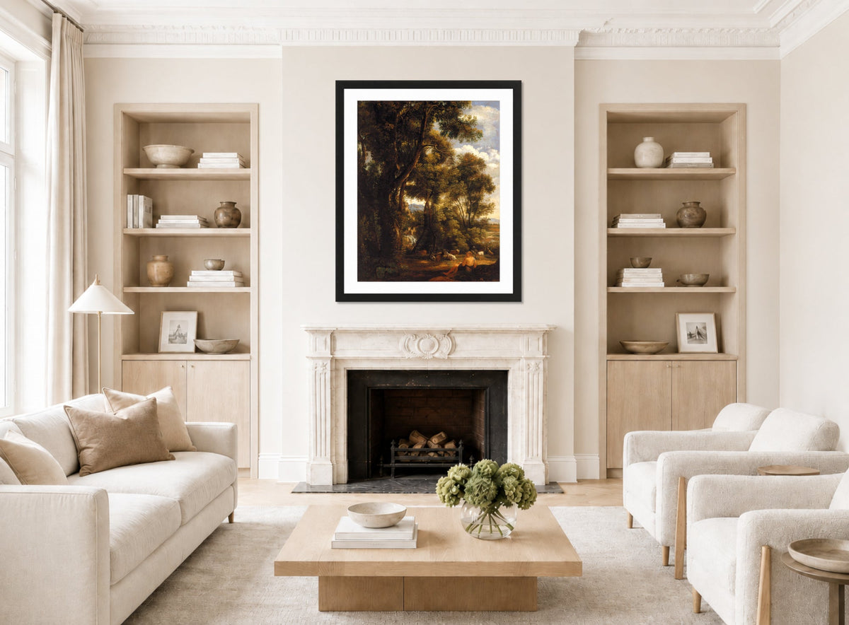 John Constable Print, Landscape with goatherd and goats (1823) displayed in a Scandinavian living room