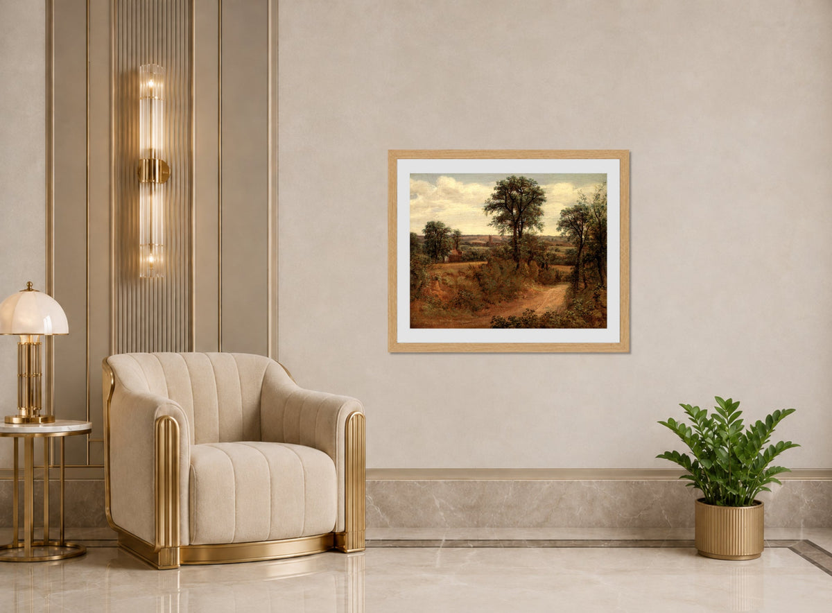John Constable Print, Lane near Dedham (1802) displayed in an Art Deco interior