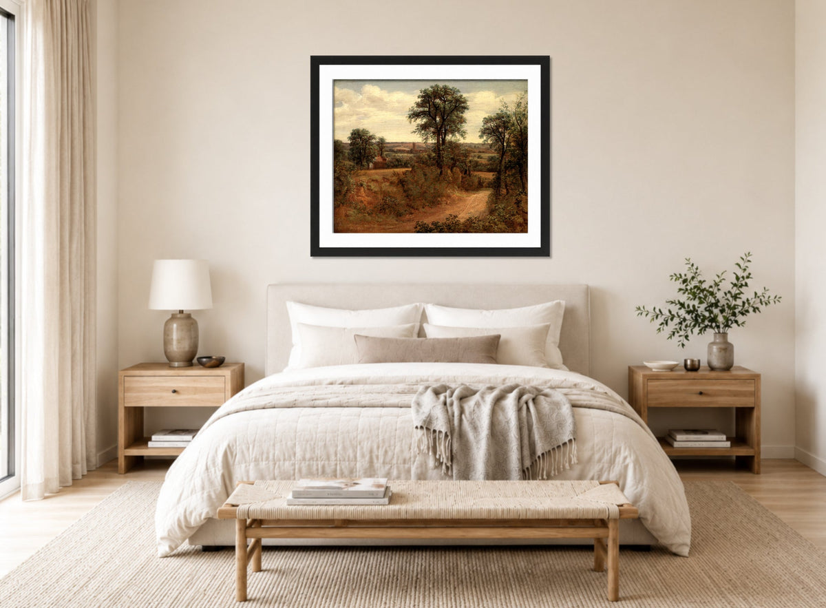 John Constable Print, Lane near Dedham (1802) displayed above a bed