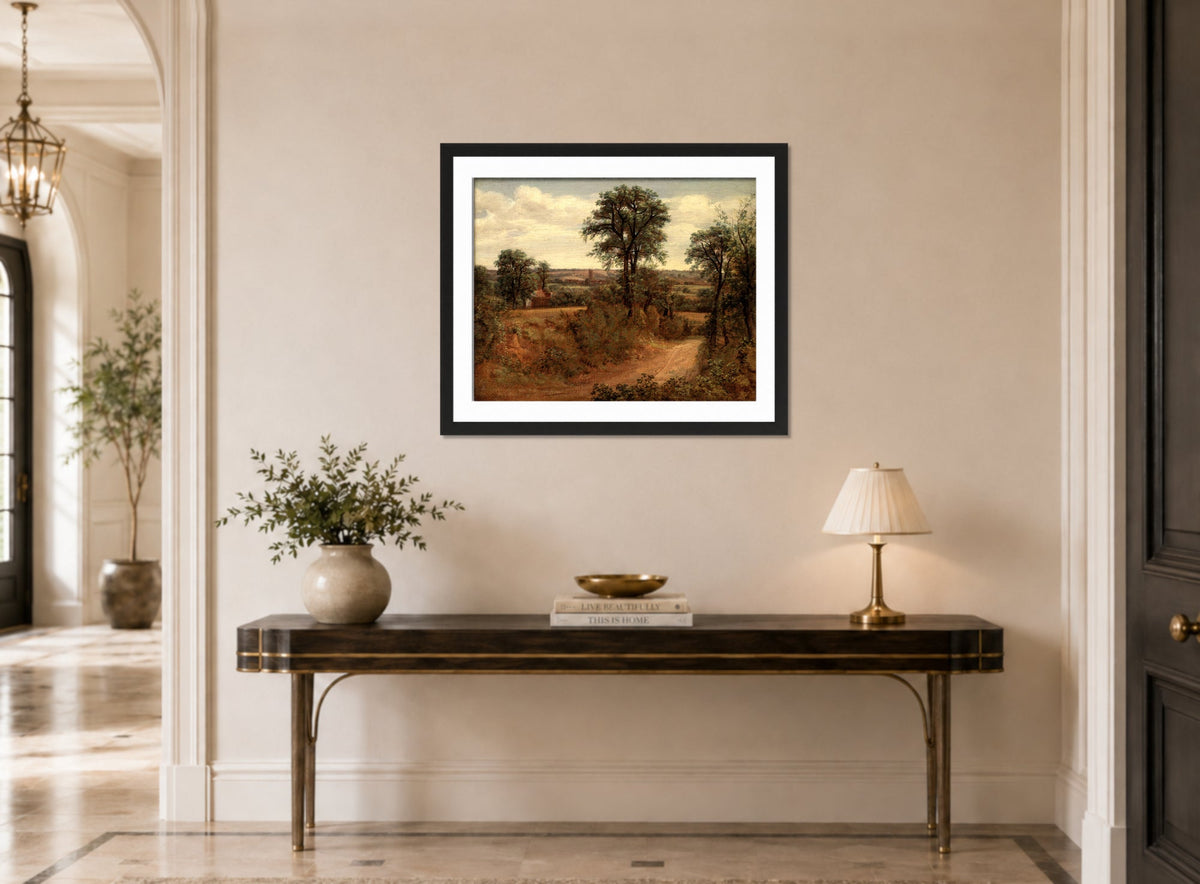 John Constable Print, Lane near Dedham (1802) displayed above a console table