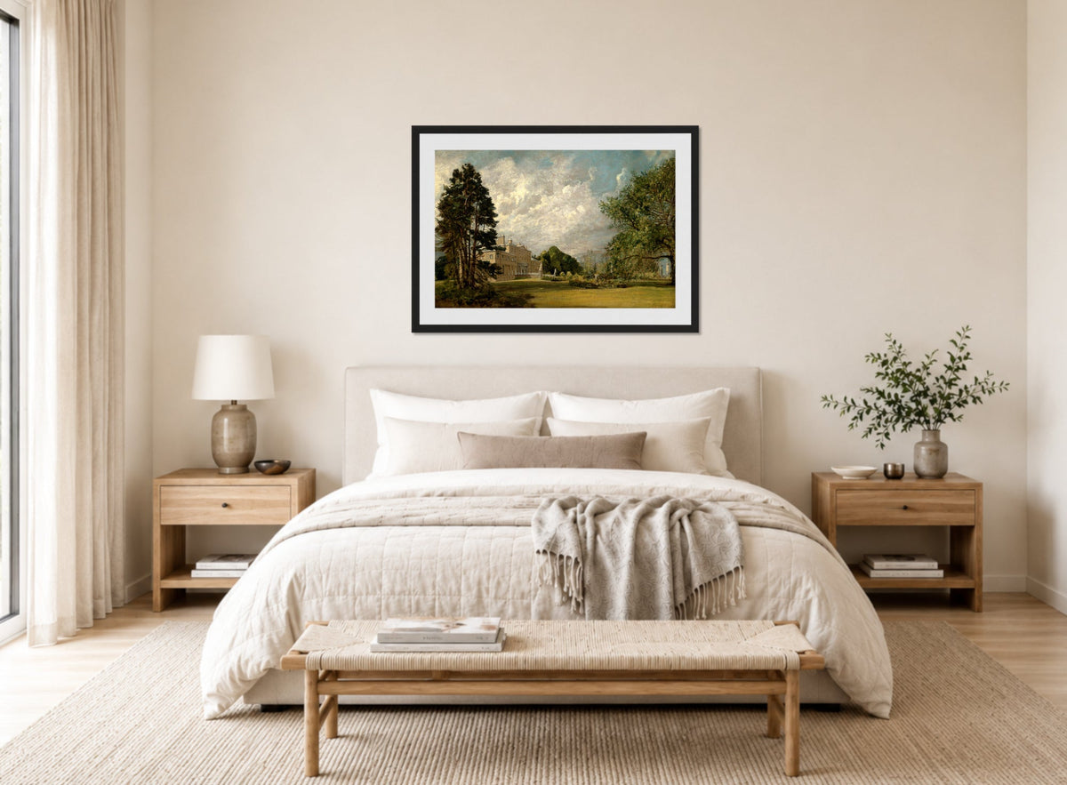 John Constable Print, Malvern Hall, Warwickshire (1820 - 1821) displayed above a bed