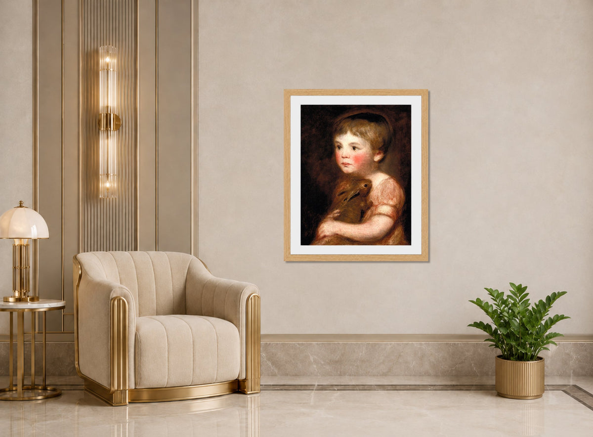 John Constable Print, Miss Lewis with a rabbit displayed in an Art Deco interior