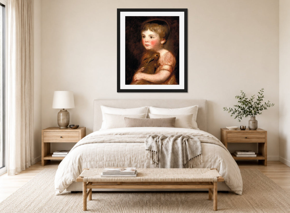 John Constable Print, Miss Lewis with a rabbit displayed above a bed
