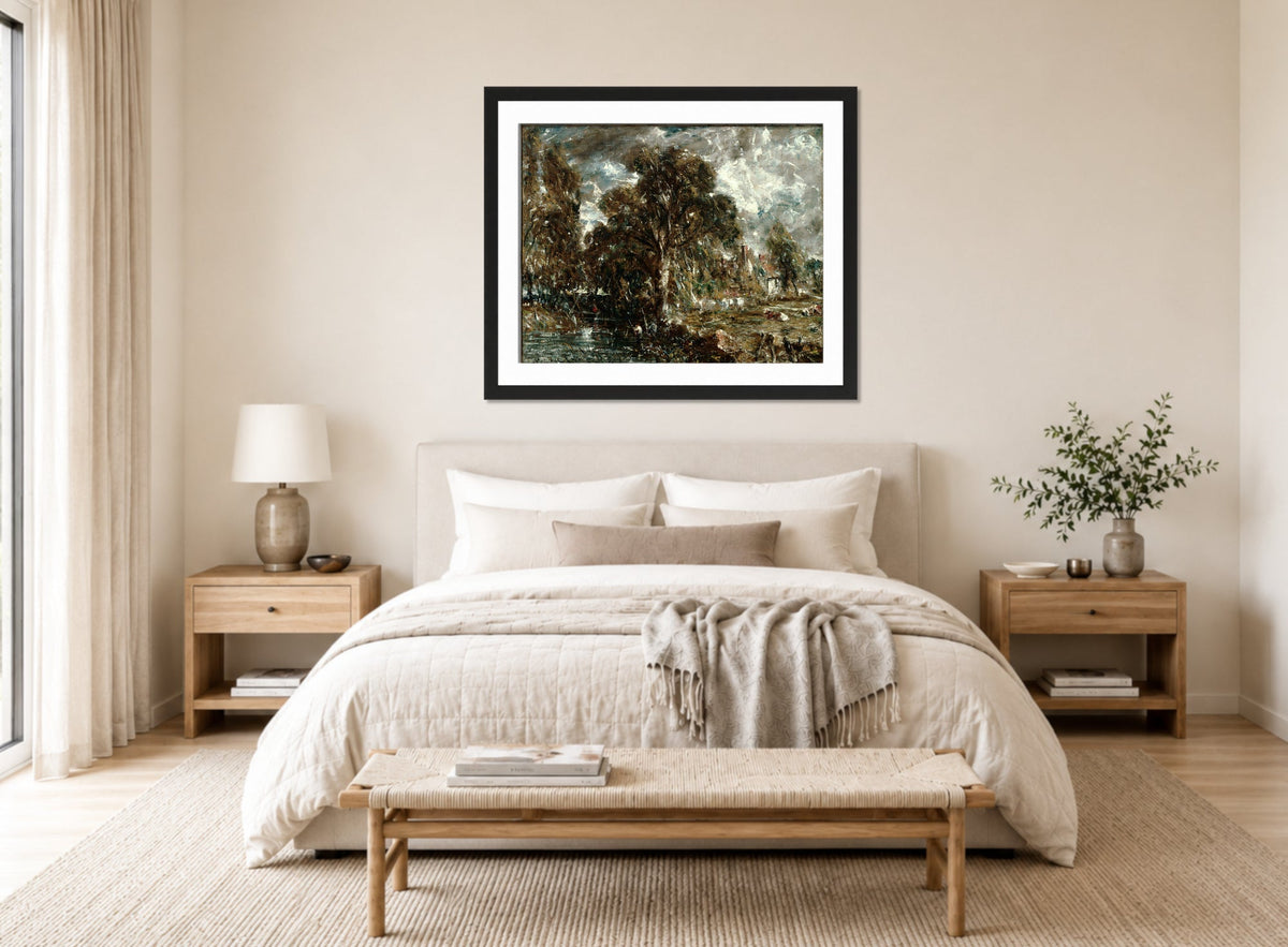 John Constable Print, On the River Stour displayed above a bed