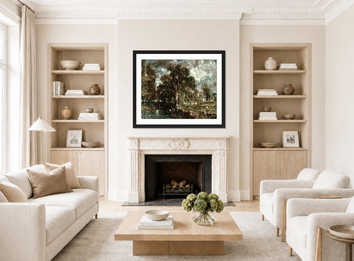 John Constable Print, On the River Stour displayed in a Scandinavian living room