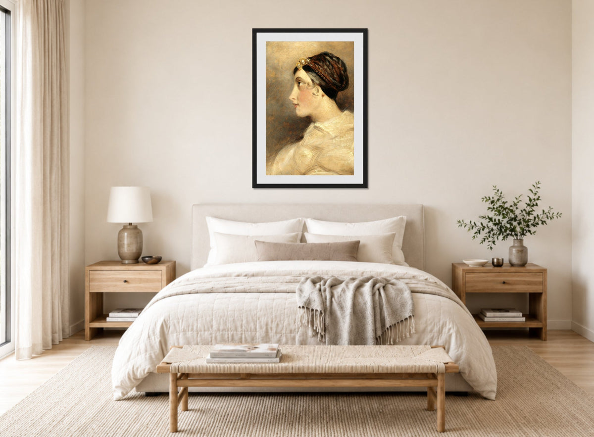 John Constable Print, Portrait Of A Lady displayed above a bed