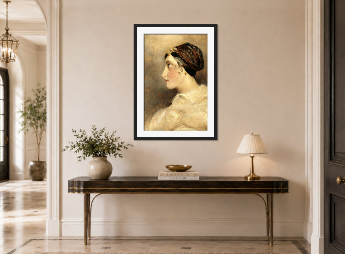John Constable Print, Portrait Of A Lady displayed above a console table
