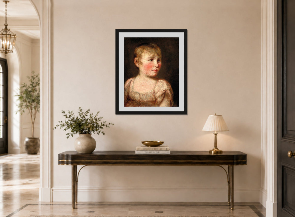 John Constable Print, Portrait of Eliza Lewis displayed above a console table