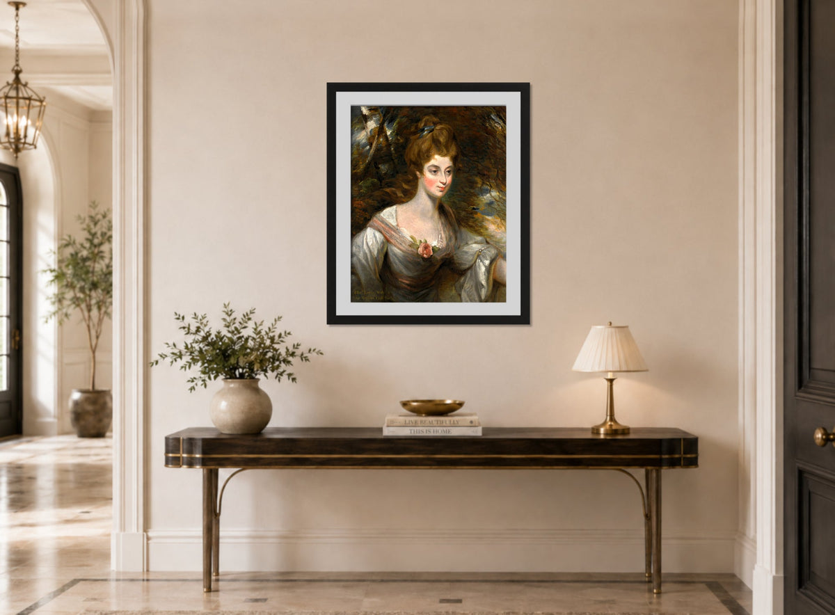 John Constable Print, Portrait Of Elizabeth, Lady Croft (1754-1815) displayed above a console table