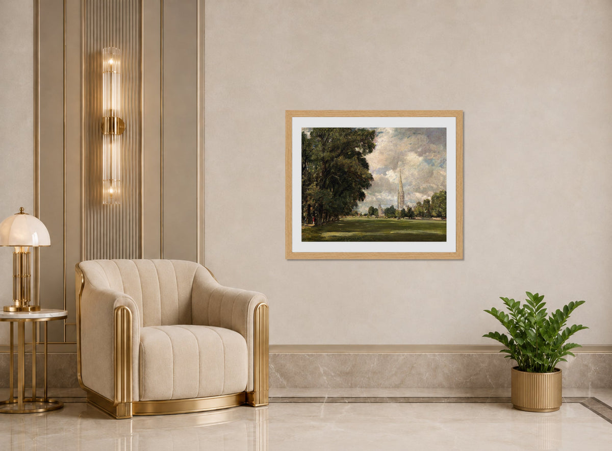 John Constable Print, Salisbury Cathedral from Lower Marsh Close (1820) displayed in an Art Deco interior