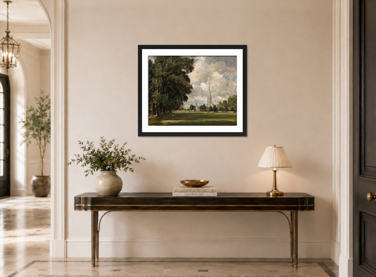 John Constable Print, Salisbury Cathedral from Lower Marsh Close (1820) displayed above a console table