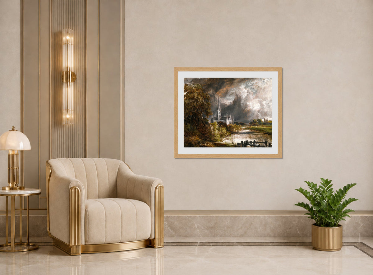 John Constable Print, Salisbury Cathedral From The Meadows displayed in an Art Deco interior
