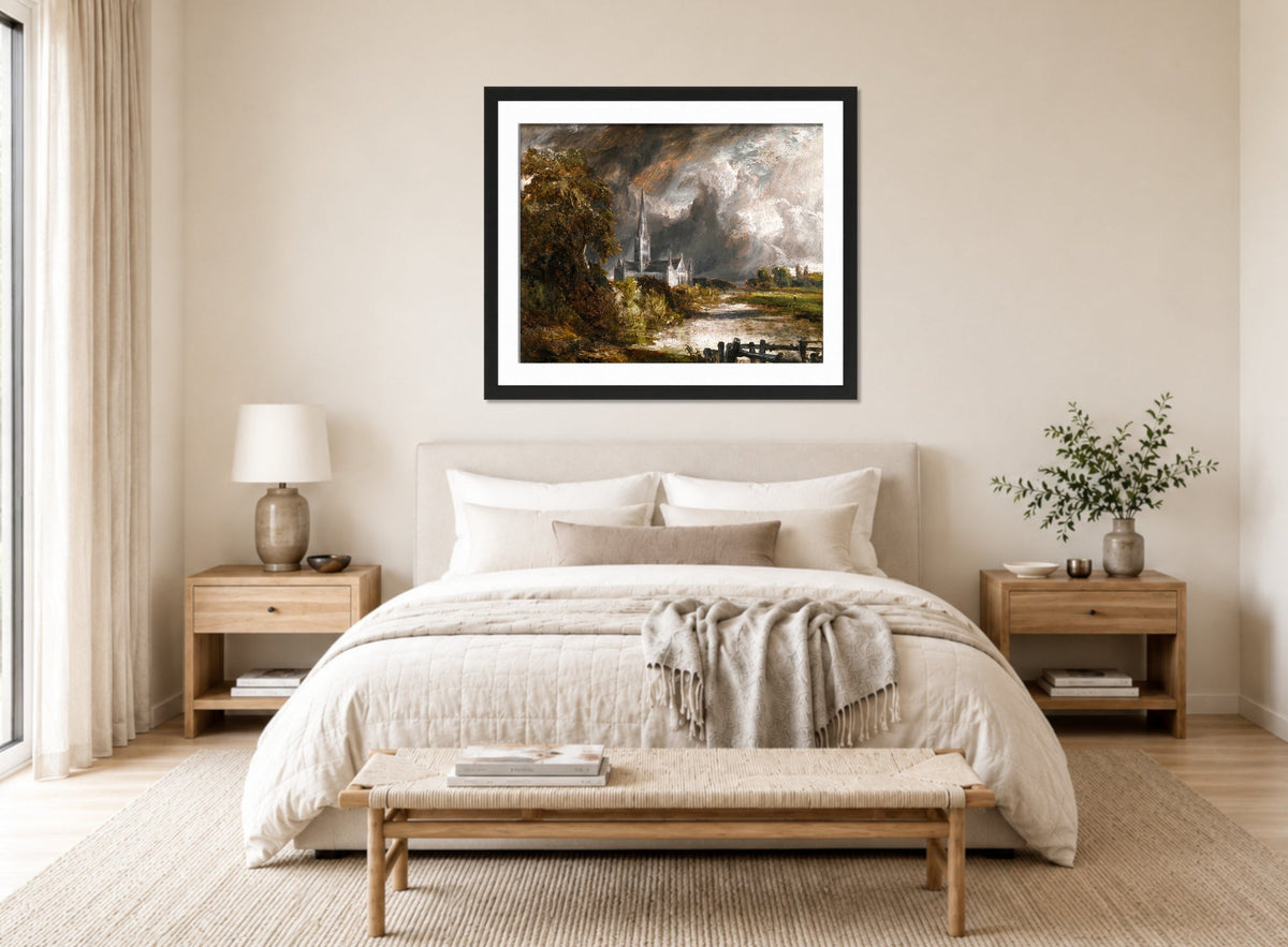 John Constable Print, Salisbury Cathedral From The Meadows displayed above a bed