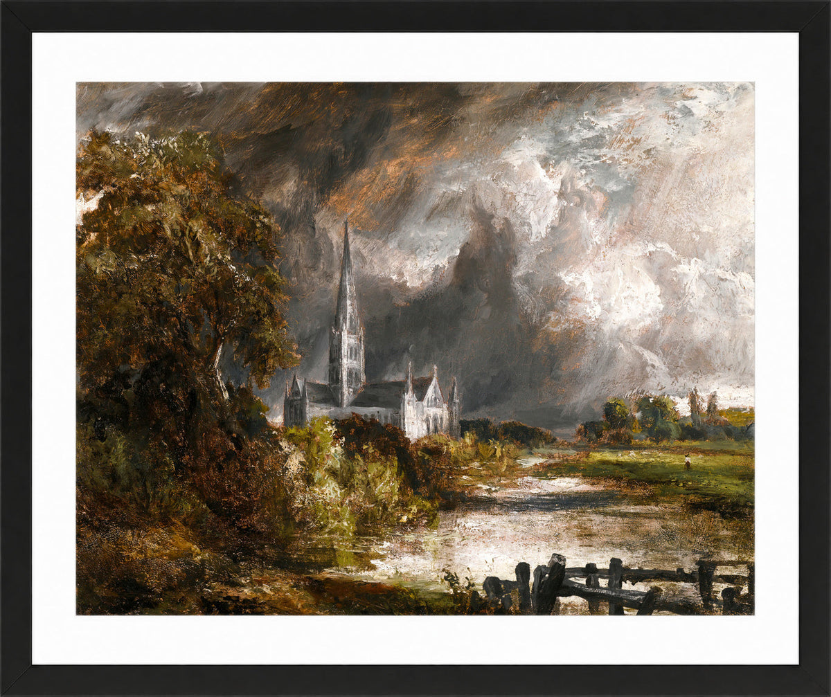 John Constable Print, Salisbury Cathedral From The Meadows in a black frame
