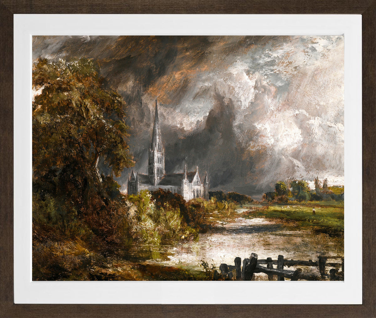 John Constable Print, Salisbury Cathedral From The Meadows in a brown frame