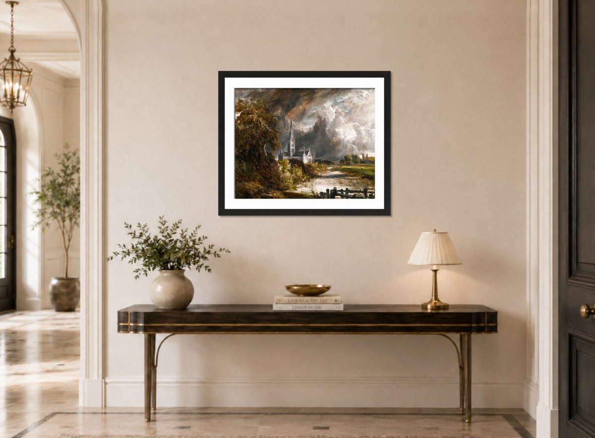 John Constable Print, Salisbury Cathedral From The Meadows displayed above a console table