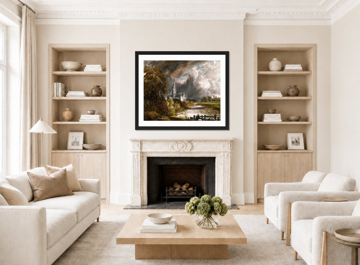 John Constable Print, Salisbury Cathedral From The Meadows displayed in a Scandinavian living room