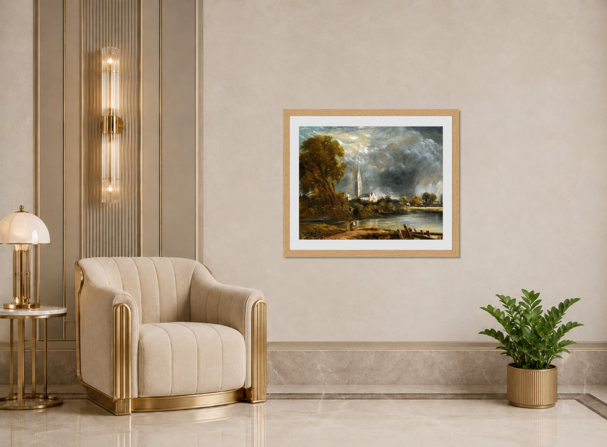 John Constable Print, Salisbury Cathedral From The Meadows displayed in an Art Deco interior