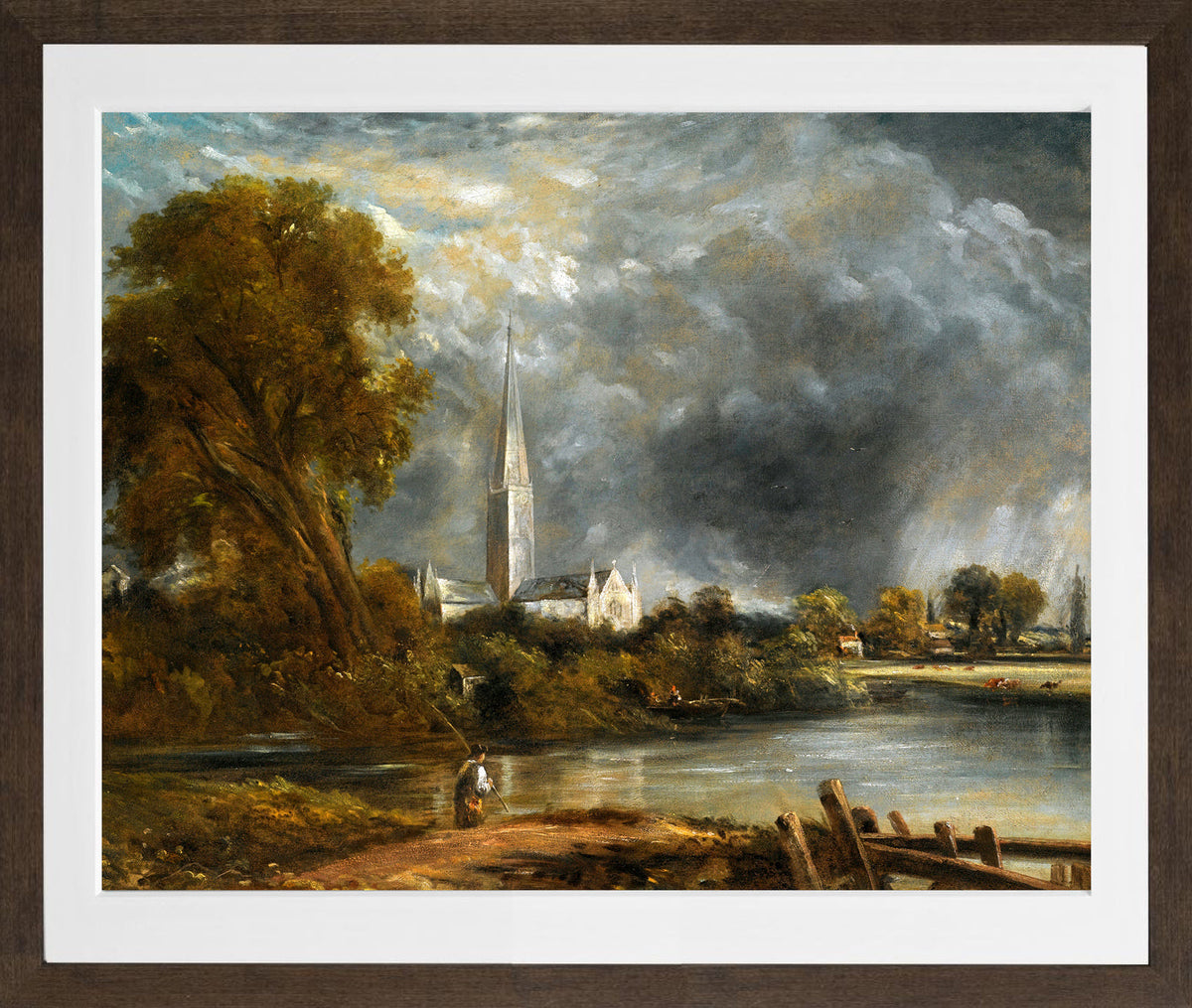 John Constable Print, Salisbury Cathedral From The Meadows in a brown frame