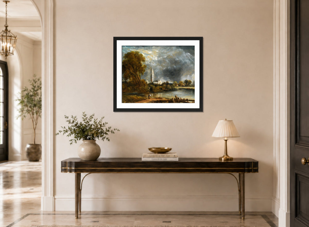 John Constable Print, Salisbury Cathedral From The Meadows displayed above a console table