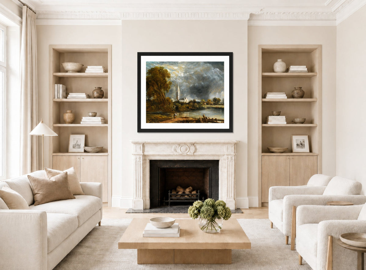 John Constable Print, Salisbury Cathedral From The Meadows displayed in a Scandinavian living room