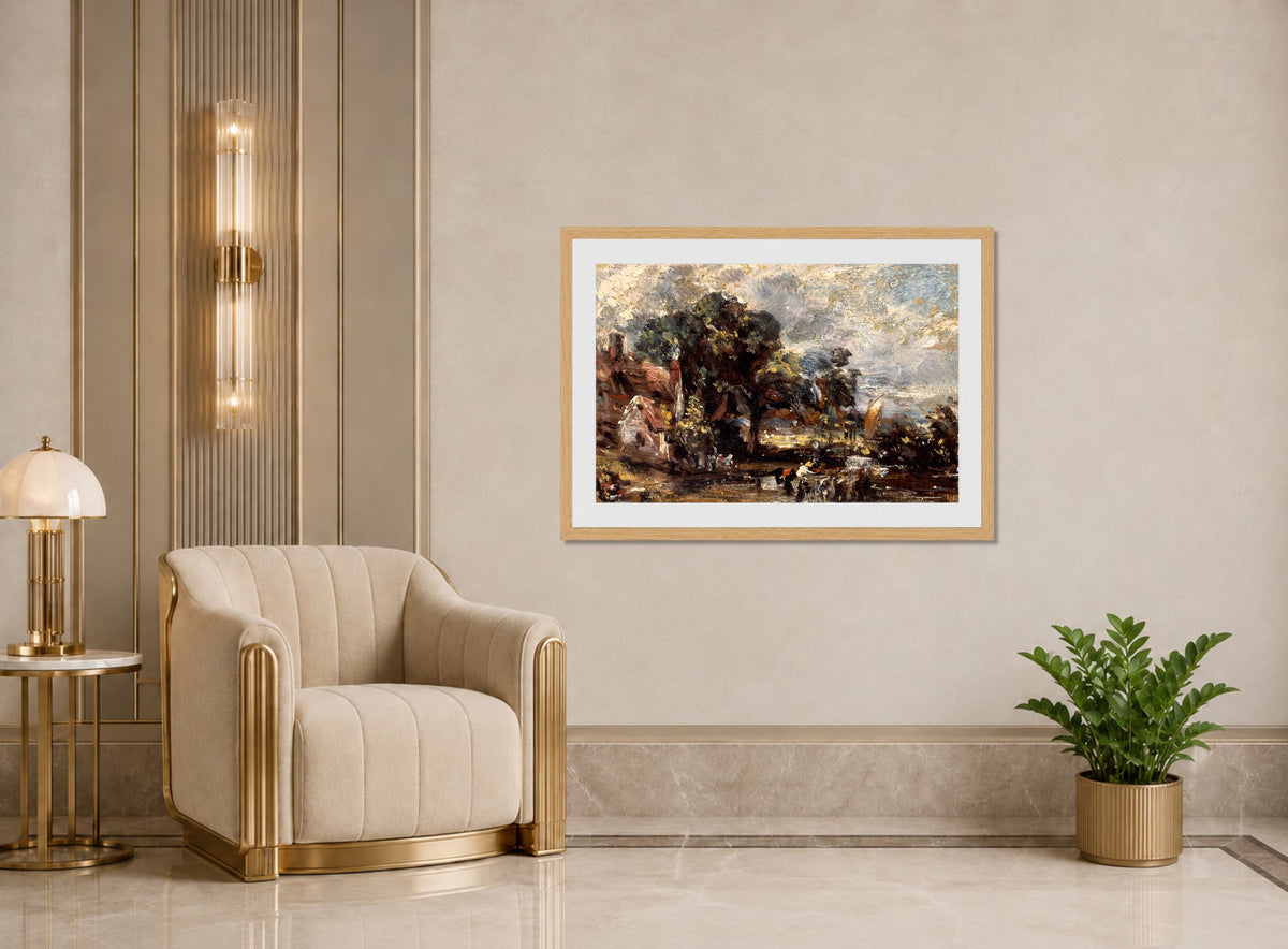 John Constable Print, Sketch for ‘The Haywain’ (ca displayed in an Art Deco interior