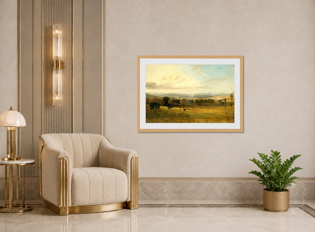 John Constable Print, Sketch of Leighton Hall, Lancashire, the hills of the Lake District beyond displayed in an Art Deco interior