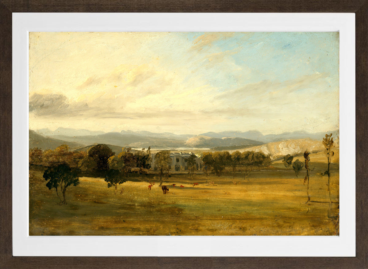 John Constable Print, Sketch of Leighton Hall, Lancashire, the hills of the Lake District beyond in a brown frame