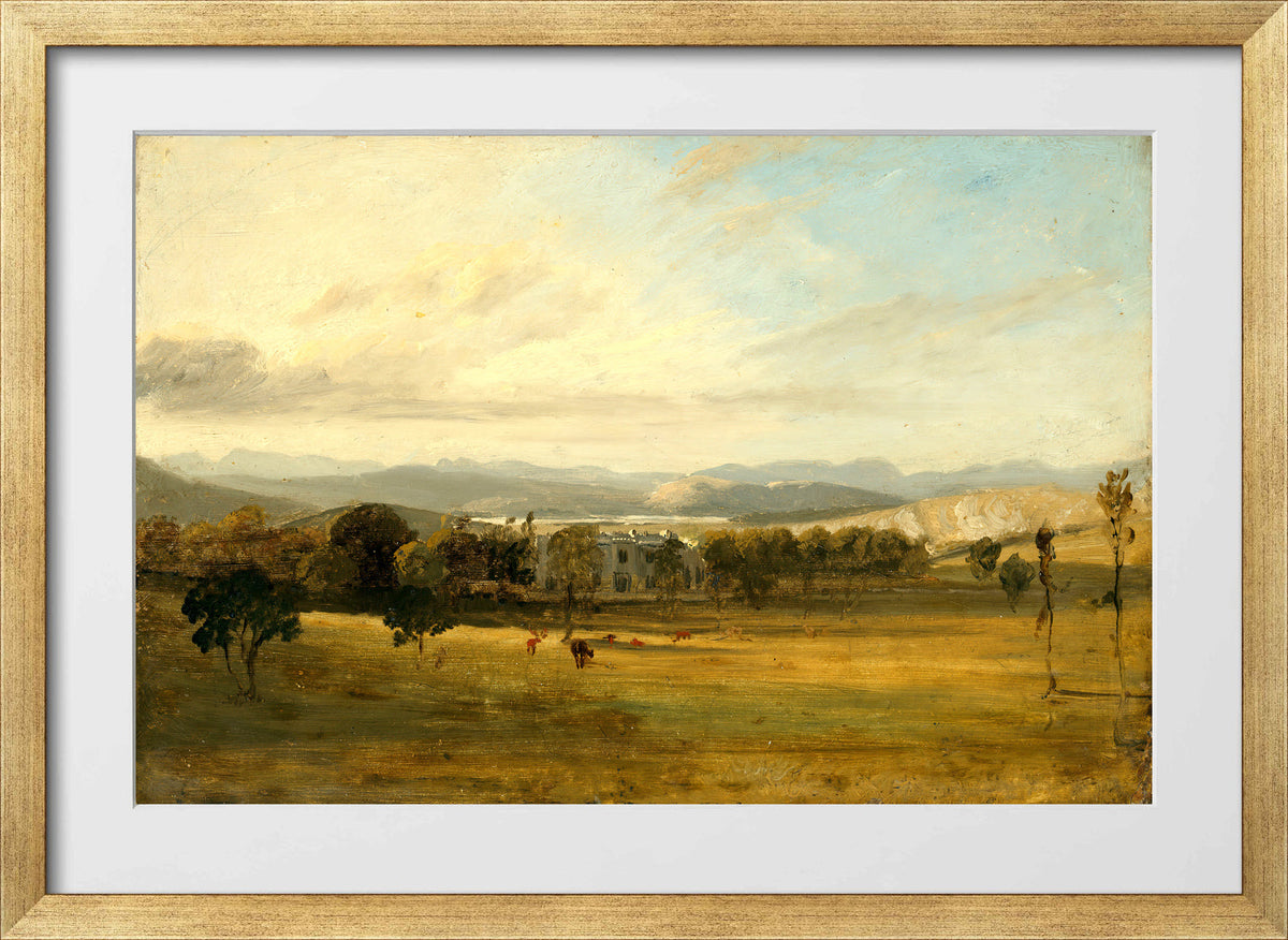 John Constable Print, Sketch of Leighton Hall, Lancashire, the hills of the Lake District beyond in a gold frame