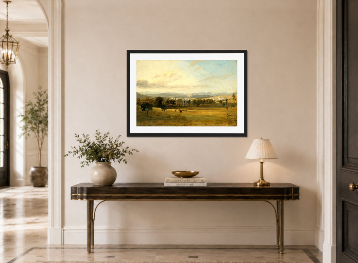 John Constable Print, Sketch of Leighton Hall, Lancashire, the hills of the Lake District beyond displayed above a console table