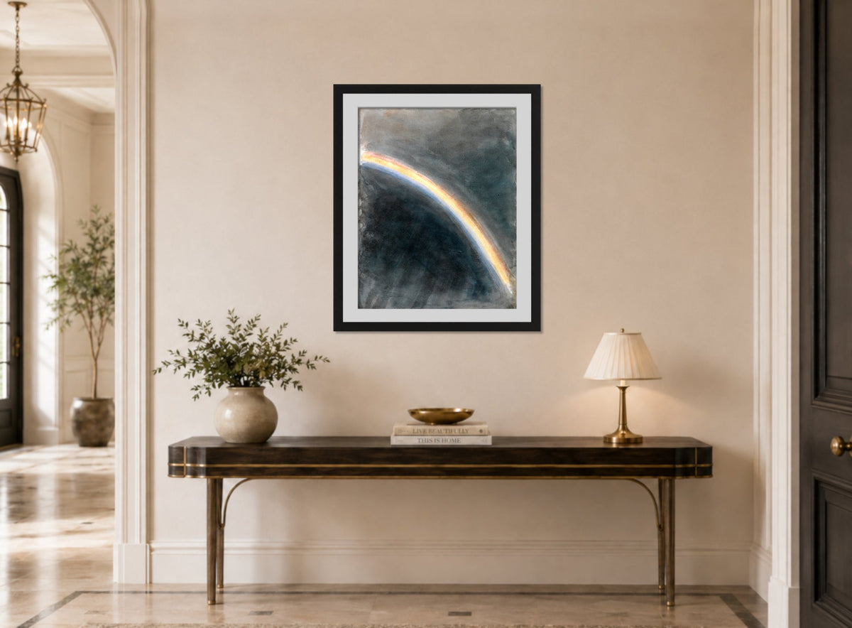 John Constable Print, Sky Study with Rainbow (1827) displayed above a console table