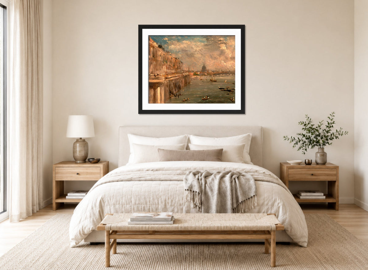 John Constable Print, Somerset House Terrace from Waterloo Bridge (ca displayed above a bed