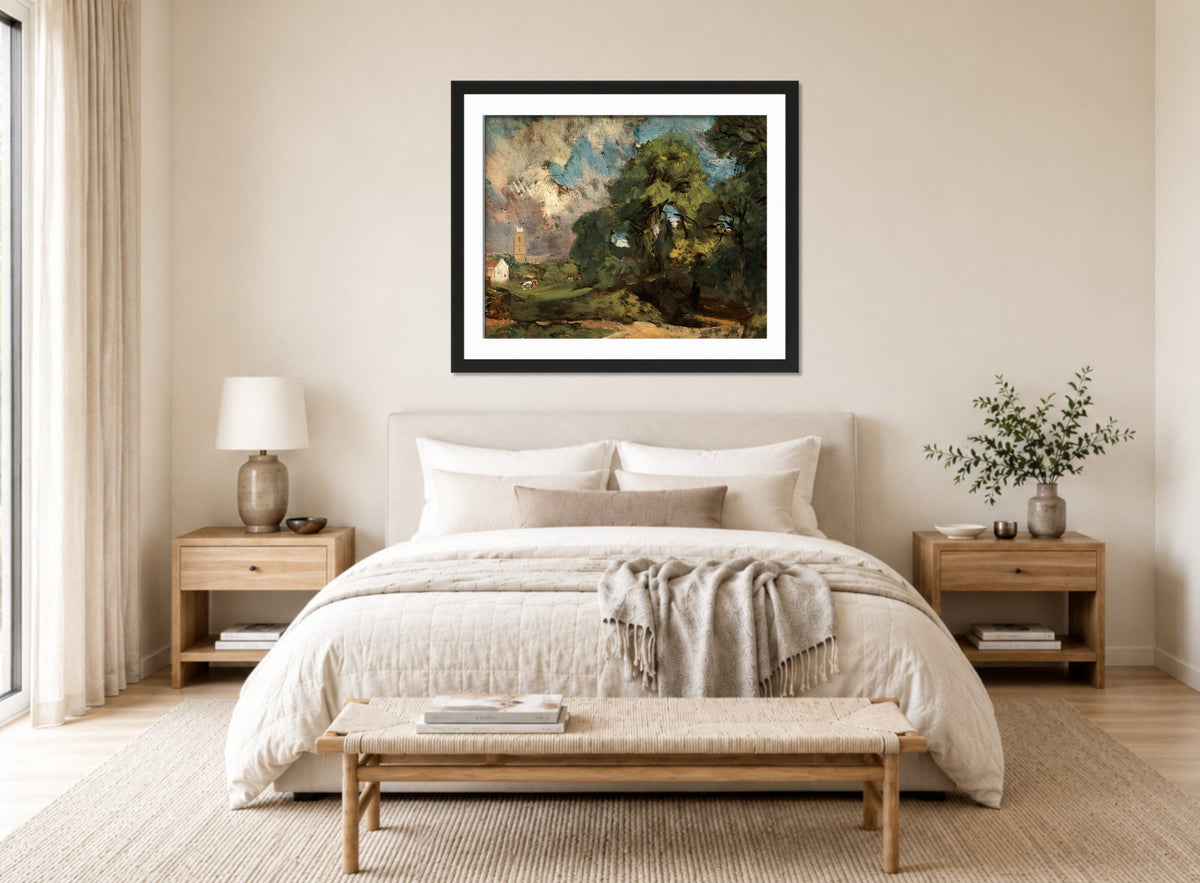 John Constable Print, Stoke-by-Nayland (ca displayed above a bed