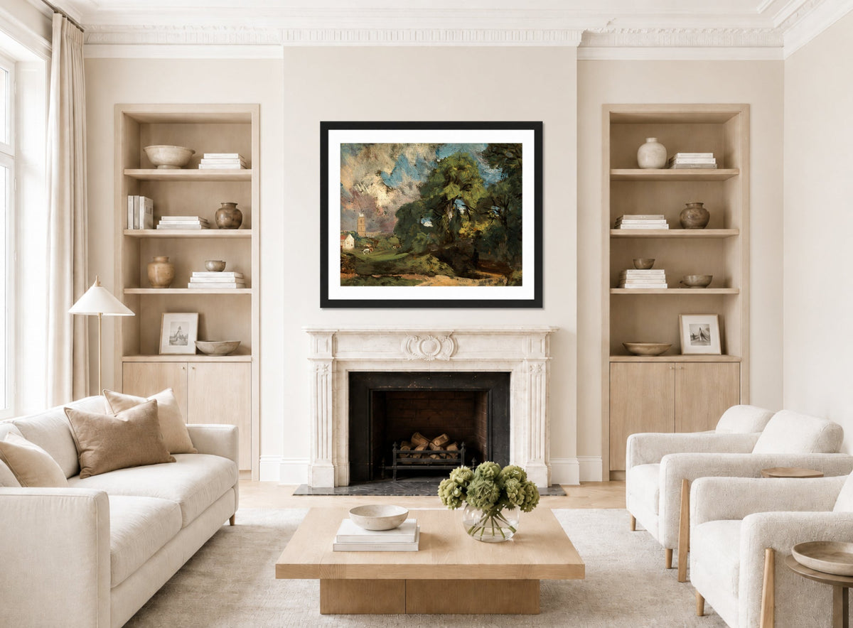 John Constable Print, Stoke-by-Nayland (ca displayed in a Scandinavian living room