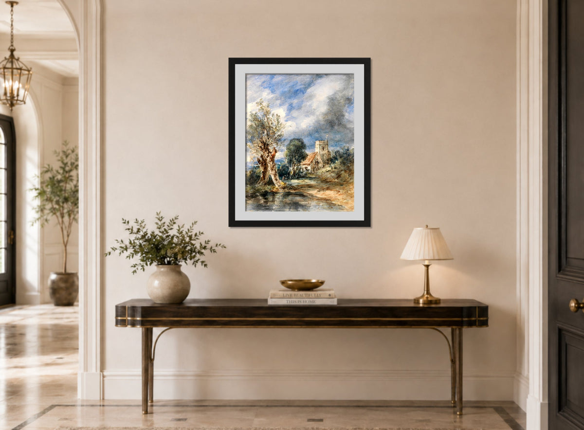 John Constable Print, Stoke Poges Church (1834) displayed above a console table