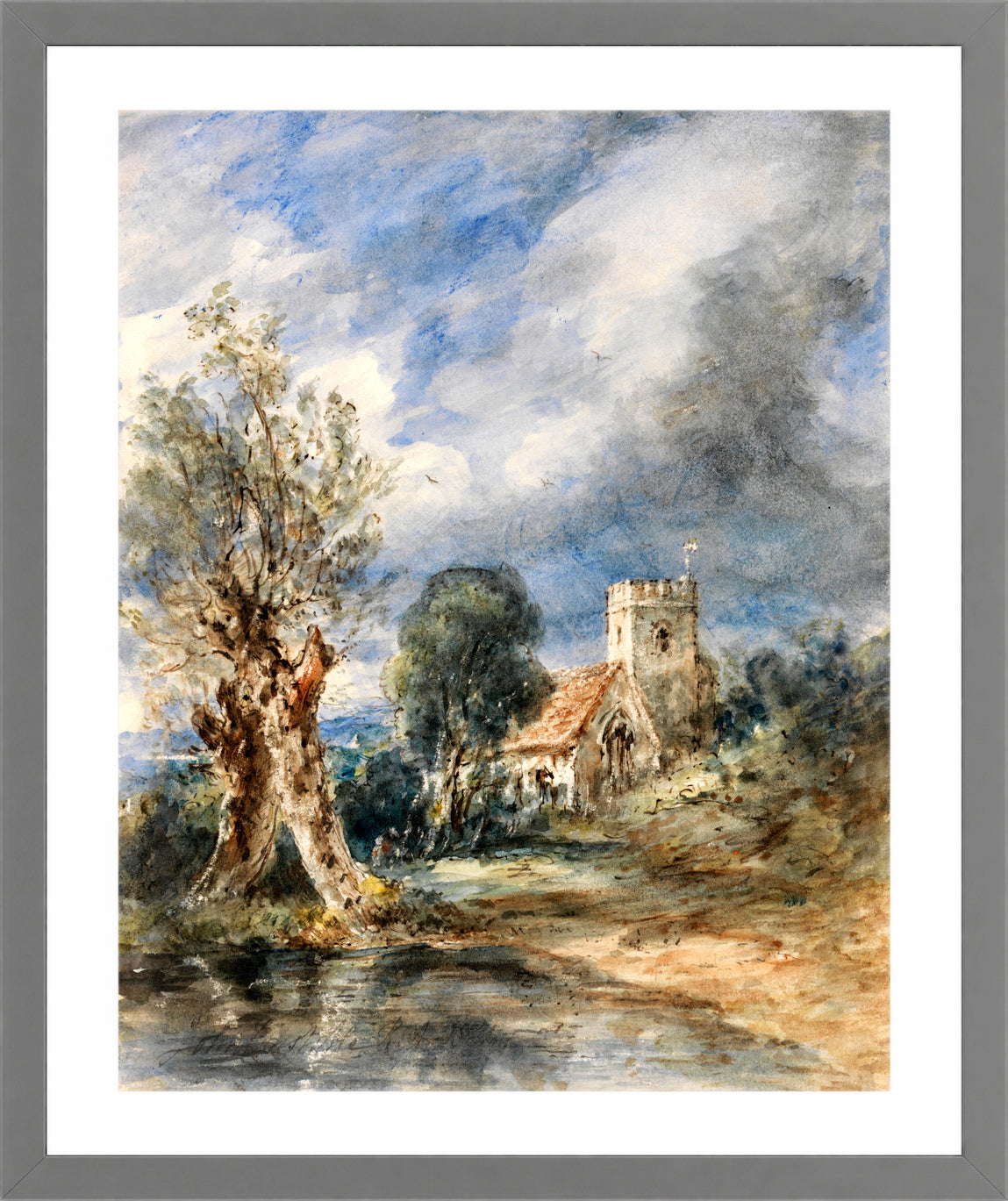 John Constable Print, Stoke Poges Church (1834) in a light grey frame