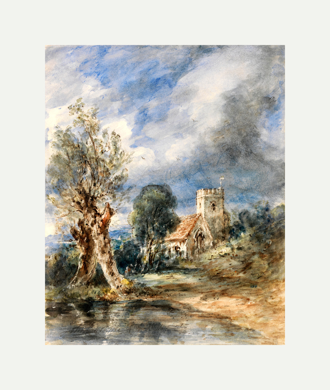 John Constable Print, Stoke Poges Church (1834) with an off-white border for rolled canvas