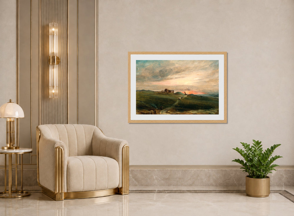 John Constable Print, Stonehenge at Sunset displayed in an Art Deco interior