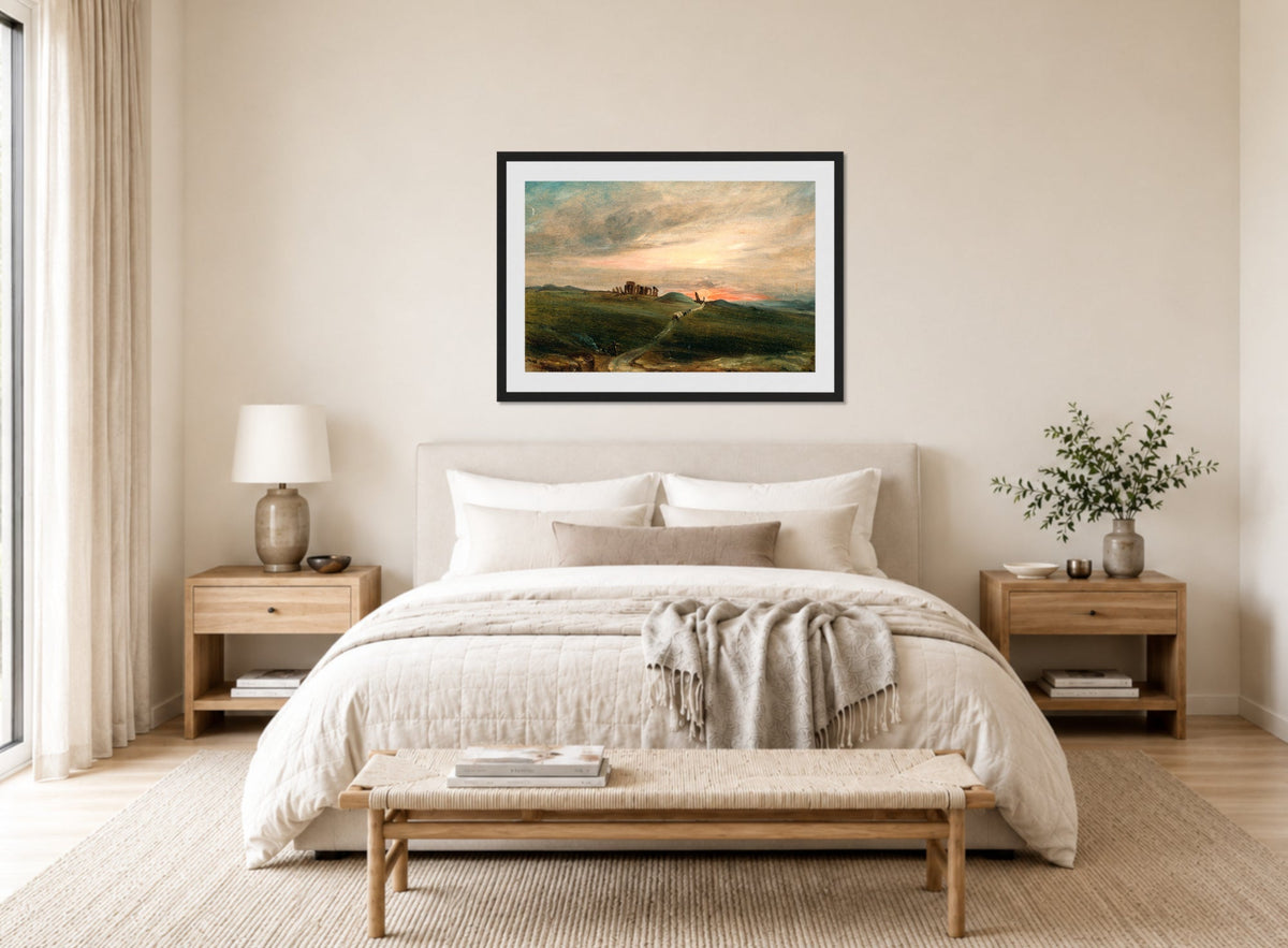 John Constable Print, Stonehenge at Sunset displayed above a bed