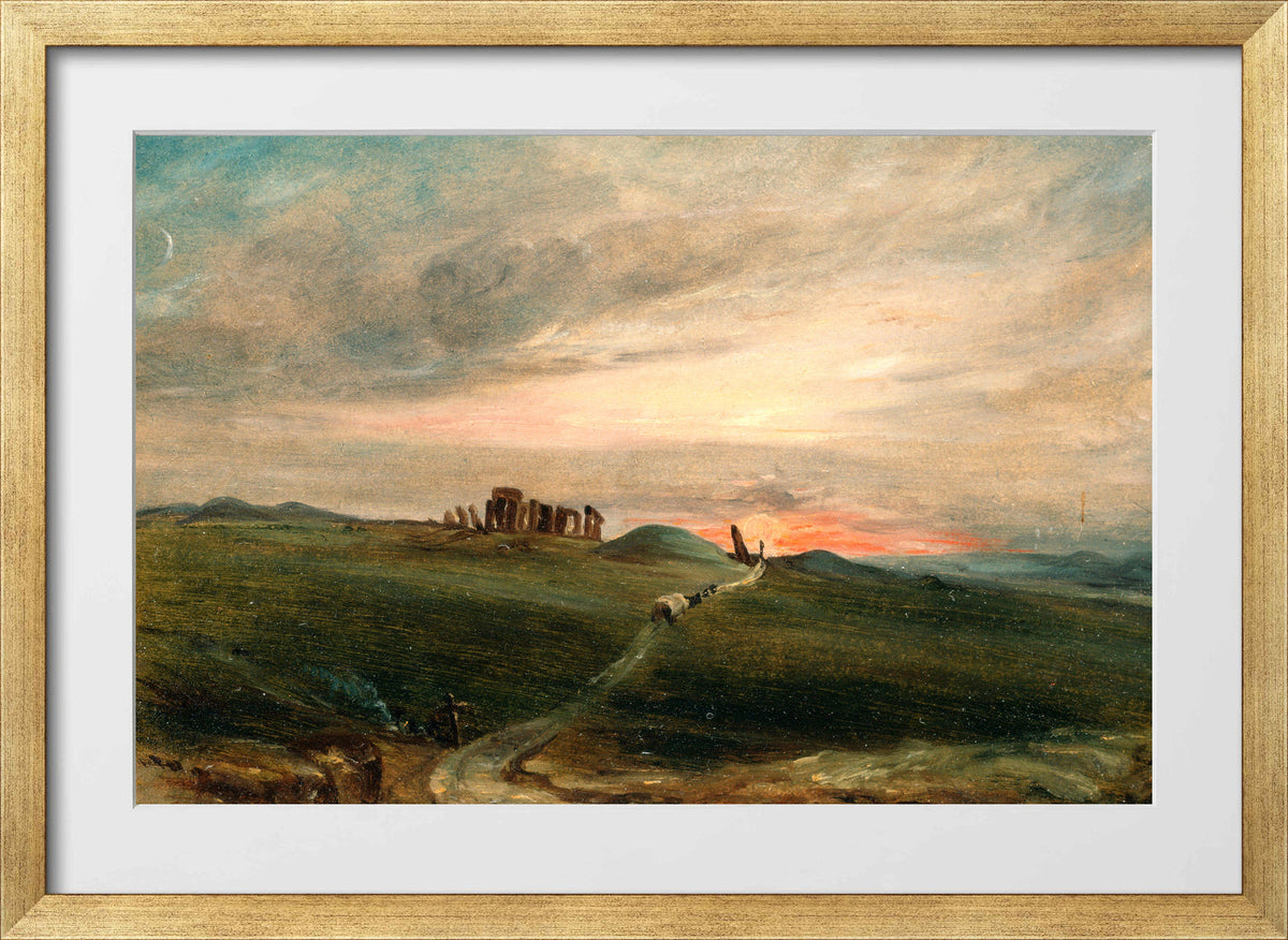 John Constable Print, Stonehenge at Sunset in a gold frame